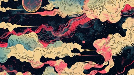 A nebula in the style of a Japanese woodblock print, bold colors and stylized forms