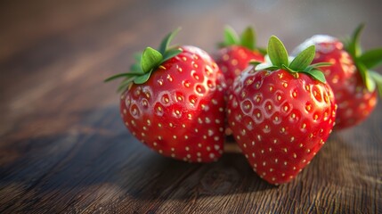 Wall Mural -   Three strawberries arranged on a wooden table