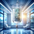 ultra realistic hanging infusion bag filled with clear colourless fluid, with sparkling glow inside, abstract hospital background