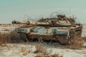 A weathered Military tank M1 Abrams partially hidden beneath fallen leaves and branches in an autumnal forest