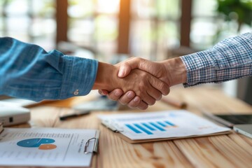 two men shaking hands over a table with a laptop and papers