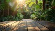 A wooden table sits in a lush jungle. Sunlight filters through the trees, creating a dappled pattern on the table. The air is thick with the scent of damp earth and exotic flowers.
