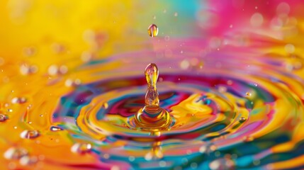 A splash of sunflower oil infused with colorful food coloring, transforming the droplets into a vibrant rainbow of hues, creating a visually stunning and playful composition.