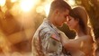 Military Spouse Appreciation Day concept. USA holiday background. Soldier hugging his wife on background with flag of United States of America.