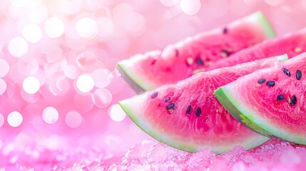 Canvas Print -   A collection of watermelon slices atop a mound of pink glitter, adjacent to one another