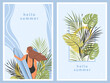 Hello Summer poster set, card  with woman in bikini on the beach with surfboad. Water extreme sport, travelling, summer vacation, tourism, holiday. Vector illustration with place for text