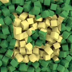 Poster - Abstract composition of many small cubes in shades of green and yellow. 3d rendering digital illustration