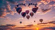 In the picture, balloons float in the sky at sunset. They come in various shapes and sizes. similar to heart shape