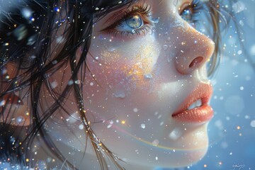 Wall Mural - a happy teen girl stands beneath a celestial canopy of swirling colors in the enchanting realm of the rainbow Milky Way sky.