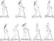 people riding a scooter set, sketch on a white background vector