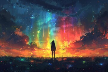 Wall Mural - a happy teen girl stands beneath a celestial canopy of swirling colors in the enchanting realm of the rainbow Milky Way sky.