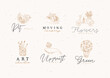 Floral labels house, cat, whale, glass with brushes, hot air balloon, scooter with lettering drawing in hand-drawing style on beige background