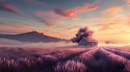 Wall Mural - a small house in a lavender field, a beautiful spring landscape, morning in nature lavender flowers AI