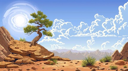 Wall Mural - Abstract Nature Scene Composition Featuring Juniper And Dry Earth, Symbolizing Resilience And Endurance In The Face Of Adversity, Cartoon Background