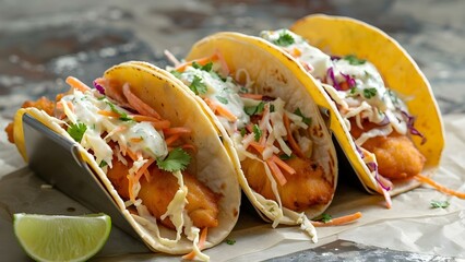 Wall Mural - Crispy Fish Tacos with Soft Tortillas, Zesty Slaw, and Lime Wedge. Concept Fish Tacos, Soft Tortillas, Zesty Slaw, Lime Wedge, Mexican Cuisine