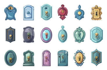 Wall Mural - cartoon doorknobs and keyholes. vector set of colorful door handle designs in various shapes for hom
