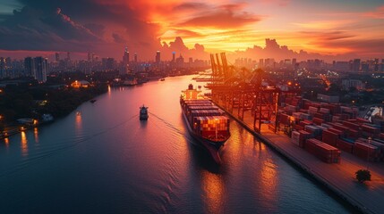 Canvas Print - Cargo ship in the river at sunset passing a container terminal with gantry cranes