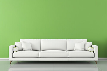 Wall Mural - Contemporary White Sofa in Minimalist Setting Against Vibrant Green Wall Interior Design. Background with copy space