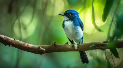 Wall Mural -   A blue-and-white bird perches on a tree branch against a backdrop of a lush, green forest with leafy foliage
