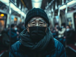 Wall Mural - Portrait of an elderly man wearing a mask on a subway train