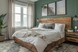 A cozy bedroom with a green accent wall and a wooden bed frame