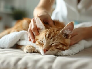 Wall Mural - A ginger cat sleeping on a bed