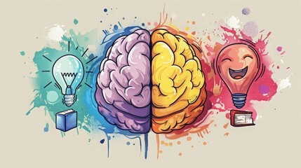 Vibrant illustration featuring two halves of a human brain, a light bulb, and a smiling light bulb, symbolizing creativity, intelligence, and learning.
