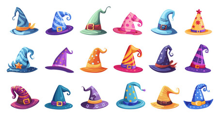 Wall Mural - Cartoon Witch Hat Styles. Icons Set, Depicting Hats of Different Colors, Shapes, and Patterns on White Background for Halloween, Costume, Fantasy, Witchcraft, Magic, Sorcery Spooky and Magical Themes