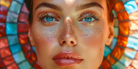 Wall Mural - Close-up portrait of a young woman with blue eyes and freckles