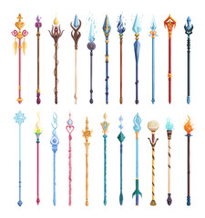 Wall Mural - magical cartoon wizards wands. illustrated icon collection on white background for fantasy, magic, a