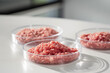 3 Petri dishes with cultured meat staying on the table in a laboratory. Cellular agriculture, cultivated meat scientific research, future food concept. Science background.