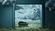 Green sofa in a surreal room with clouds