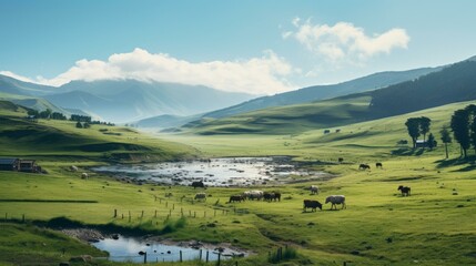 Wall Mural - Cows grazing in a lush green pasture with mountains in the distance