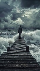 Wall Mural -   A man stands on a pier, surrounded by a expanses of water, as a stormy sky looms overhead