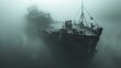   A boat floats atop a vast, foggy ocean, near a pier