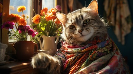 Wall Mural - A cute cat wearing a scarf is sitting in front of a window.