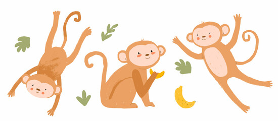 Cute kid's set with hand drawn monkey. Children's clip art. Stock baby illustration. Isolated animal set.