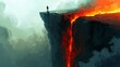   A man stands atop a cliff's edge, overlooking a cliff face where molten lava flows down its side
