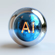 Ciencia de datos Inteligencia Artificial, el ojo que todo lo ve, azul, metálico, pulido, esfera, letras AI en naranja, supervisión, conocimiento, publicar información, objetividad, mostrar resultados