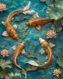 Fototapeta  - Four koi fish are swimming in the water among lotus leaves and flowers.