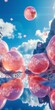 Pink bubbles floating in a blue sky with clouds
