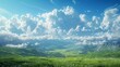 Green rolling hills and blue sky with clouds