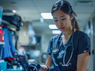 Asian female nurse wearing stethoscope in hospital