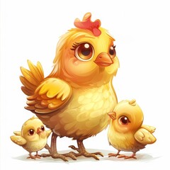 Wall Mural -   Mother chicken with two chicks on white background Clipping path included for text insertion