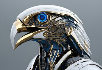 Wall Mural - AI generated closeup illustration of a metallic cyber eagle on the gray background