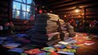 A stack of books on the floor in a wooden house