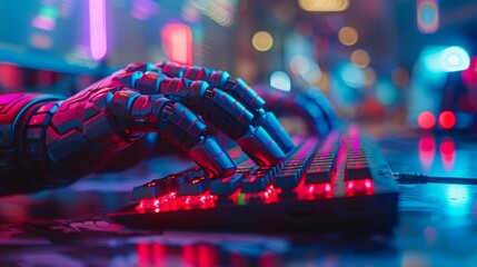 a close-up perspective captures a robotic cyborg hand interacting with a laptop keyboard, illuminated by dynamic neon light effects.