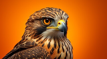 a majestic bird of prey perched confidently on an orange background