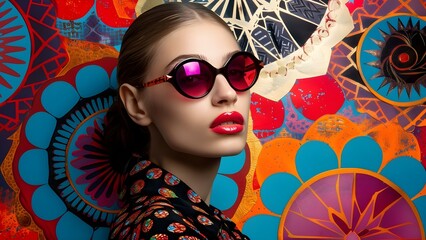 Wall Mural - Pop Art Fashion Collage: Female Model in Sunglasses on Vibrant Patterns. Concept Fashion, Pop Art, Collage, Sunglasses, Patterns