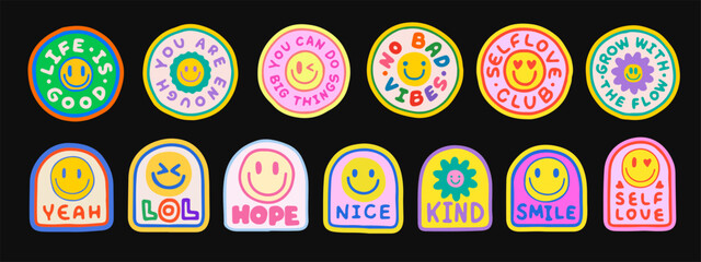 Poster - Set Of Cool Hand Drawn Stickers Vector Design. Collection Of Sketched Patches Y2k Style.